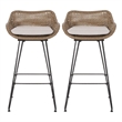 Outdoor Barstool Chair Set of 2- Beige Fabric- Brown Rattan- Black