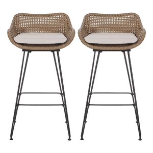 Outdoor Barstool Chair Set of 2- Beige Fabric- Brown Rattan- Black