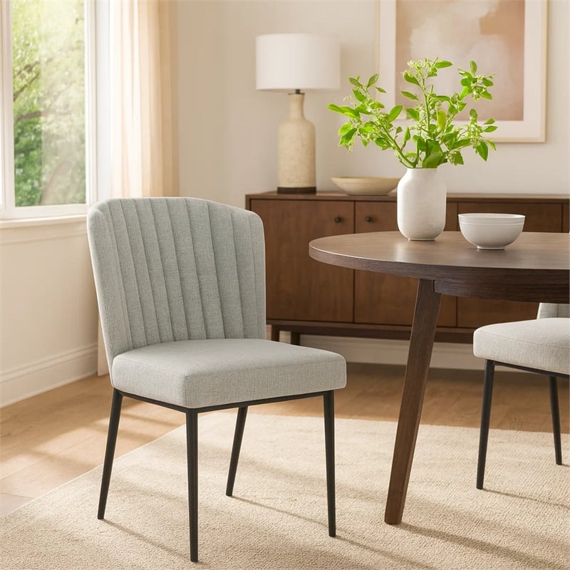 Ole Dining Chair Set of 2- Curved Back- Gray Woven Fabric- Black Metal