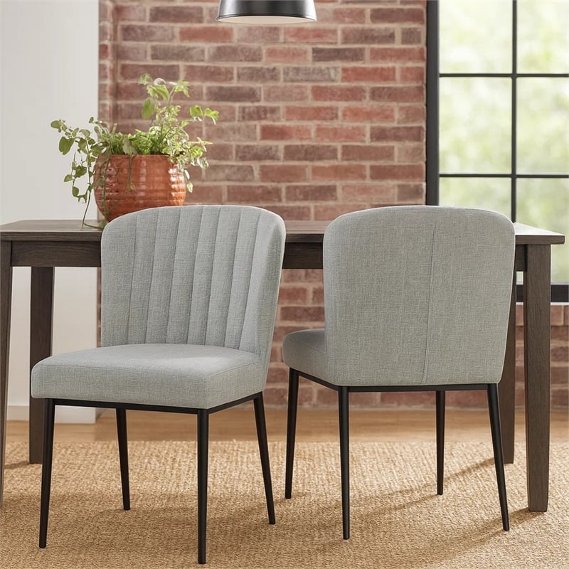 Ole Dining Chair Set of 2- Curved Back- Gray Woven Fabric- Black Metal