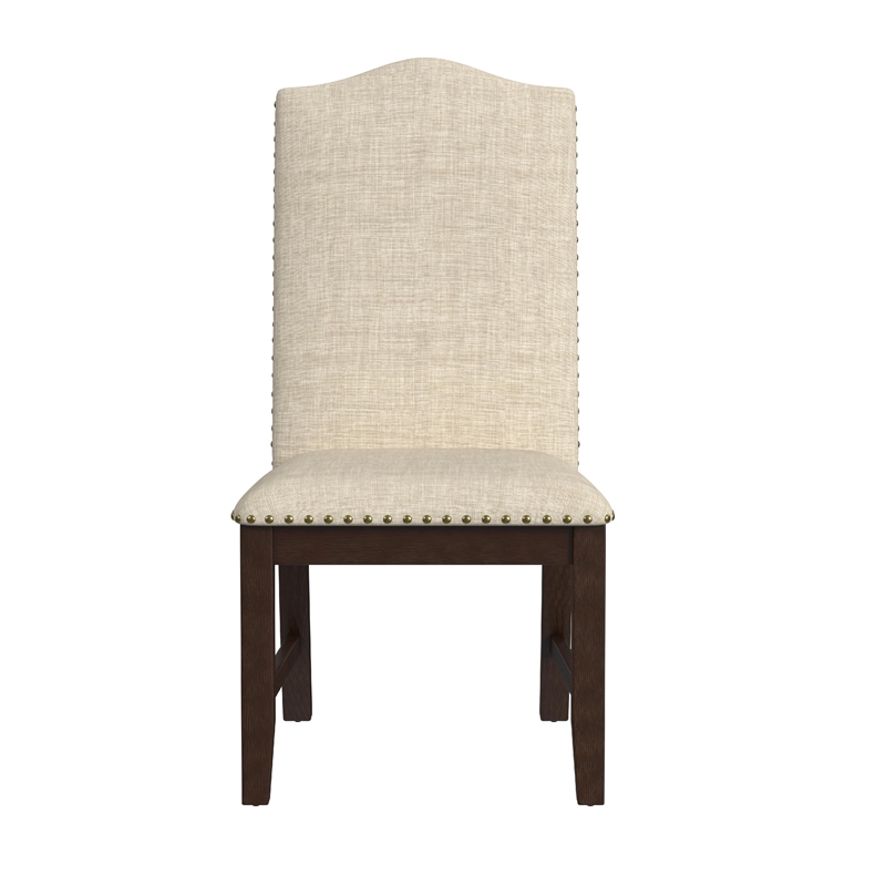 Dining Chair Set of 2- Scalloped Back- Cherry Wood- Beige Fabric