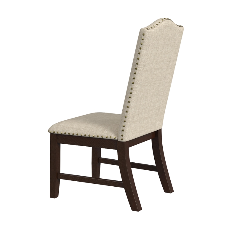Dining Chair Set of 2- Scalloped Back- Cherry Wood- Beige Fabric