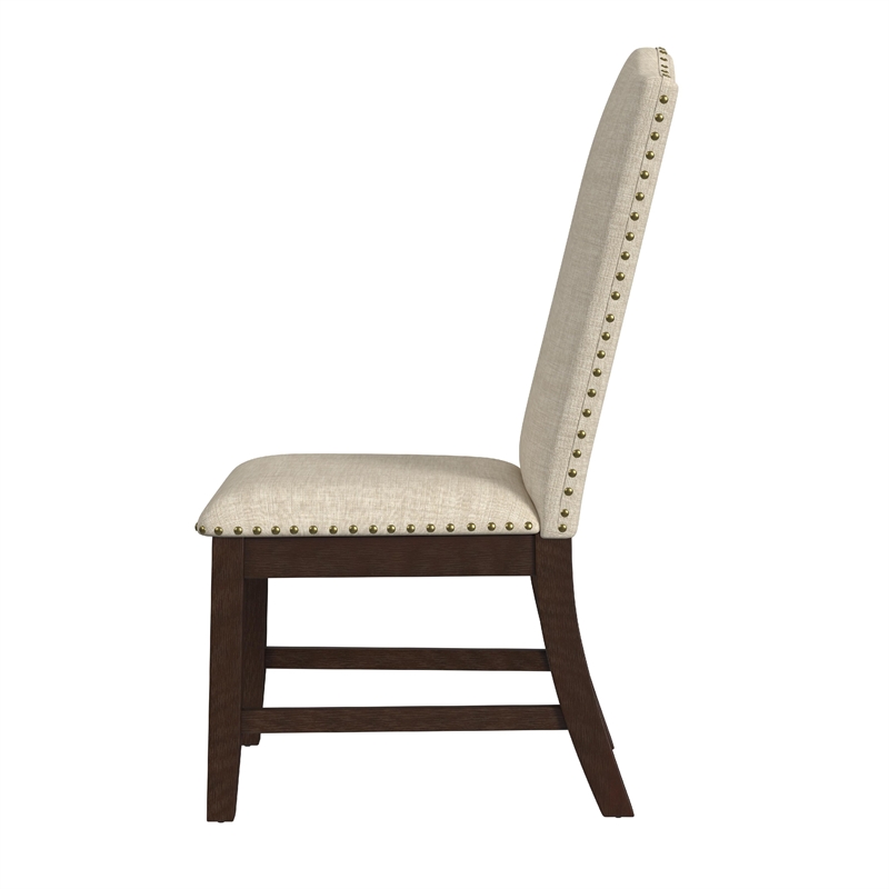 Dining Chair Set of 2- Scalloped Back- Cherry Wood- Beige Fabric