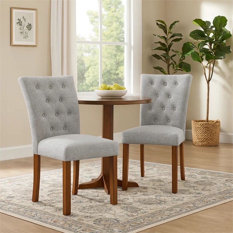 Rei Parsons Dining Chair Set of 2- Gray Woven Button Tufted Fabric