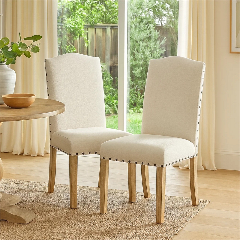 Ron Parsons Dining Chair Set of 2- Natural Brown Wood- Textured Cream