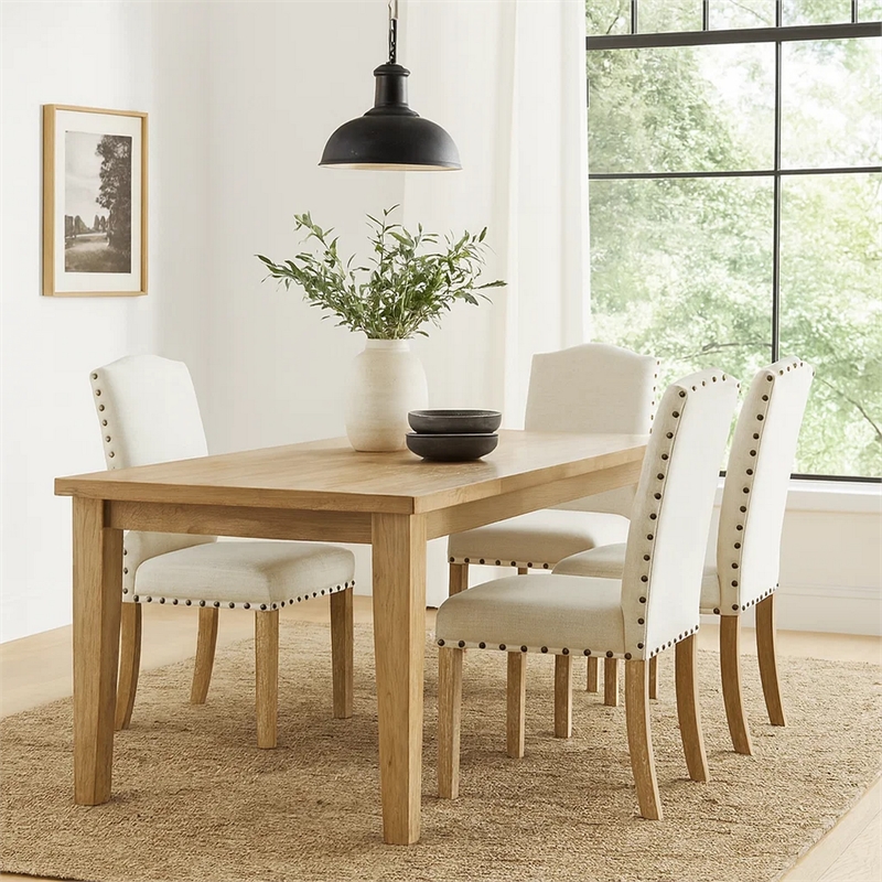 Ron Parsons Dining Chair Set of 2- Natural Brown Wood- Textured Cream