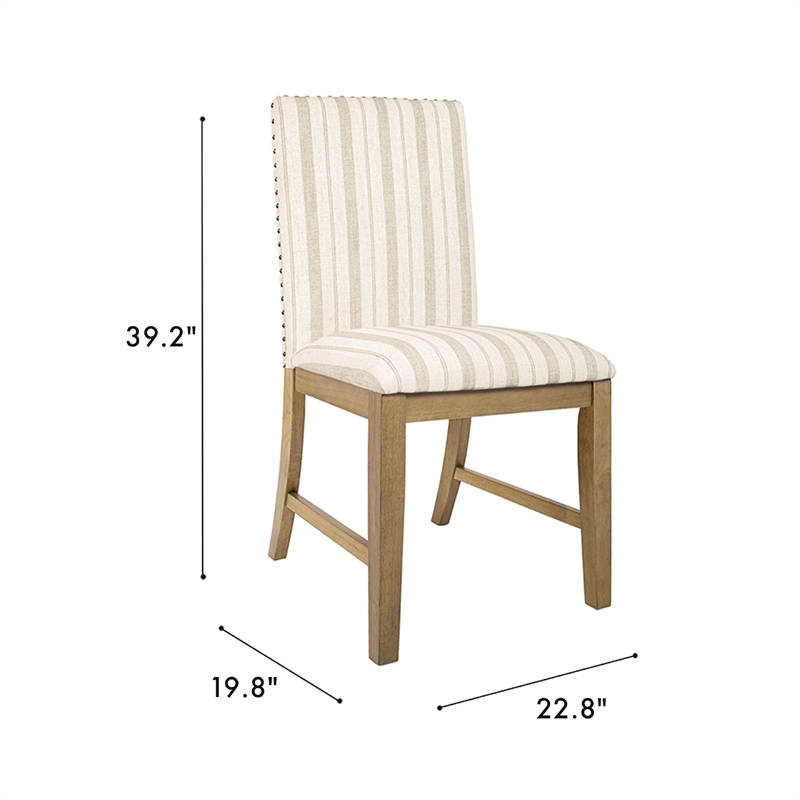 Tim Dining Chair Set of 2- Wood Apron- Taupe Cream Striped Polyester
