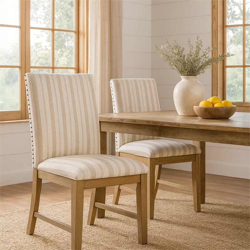 Tim Dining Chair Set of 2- Wood Apron- Taupe Cream Striped Polyester