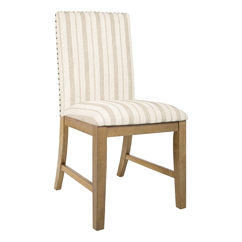 Tim Dining Chair Set of 2- Wood Apron- Taupe Cream Striped Polyester