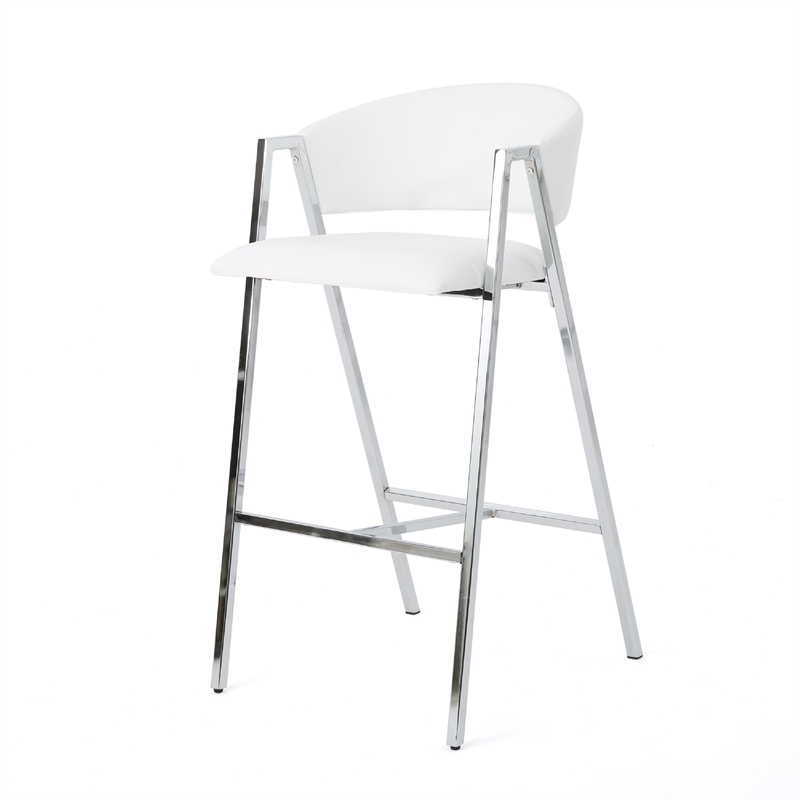 Zoy Barstool Chair Set of 2- Ivory Faux Leather- Chrome Metal Frame