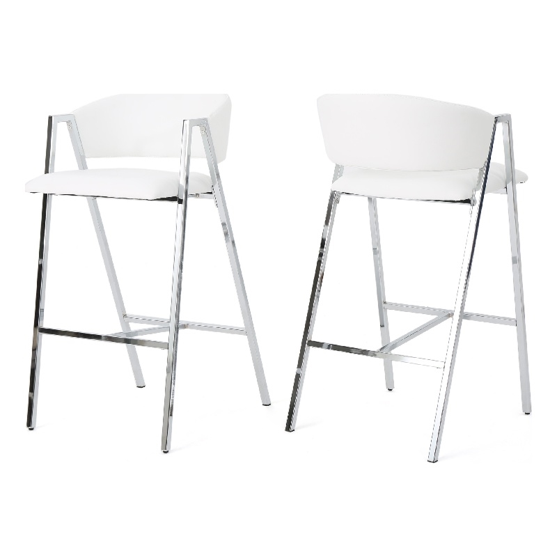 Zoy Barstool Chair Set of 2- Ivory Faux Leather- Chrome Metal Frame
