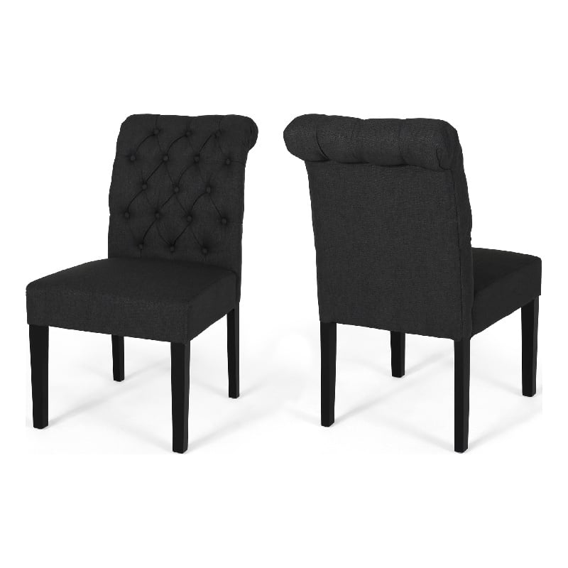Mein Dining Chair Set of 2- Dark Gray Polyester- Black Wood Frame