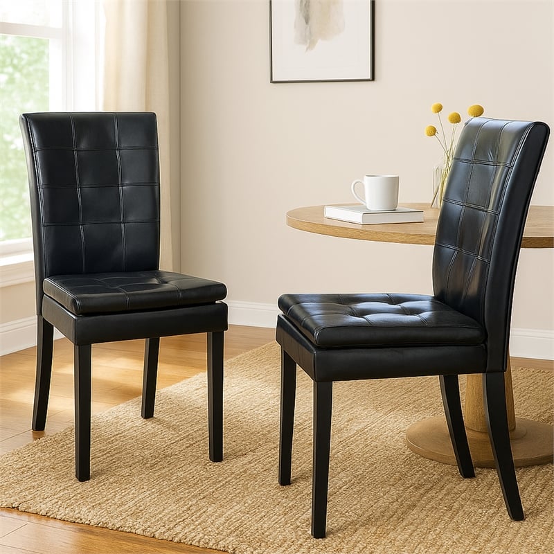 Brenda Dining Side Chair Set of 2- Black Wood- Tufted Faux Leather