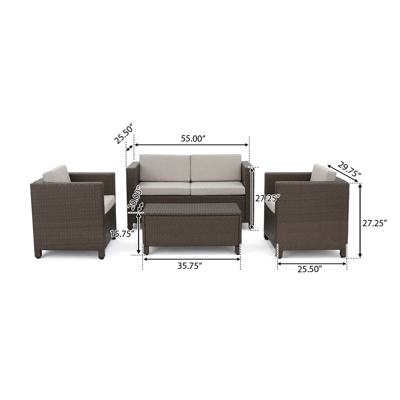 Perie 4 Piece Outdoor Sofa Chair and Table Set- Brown Rattan- White