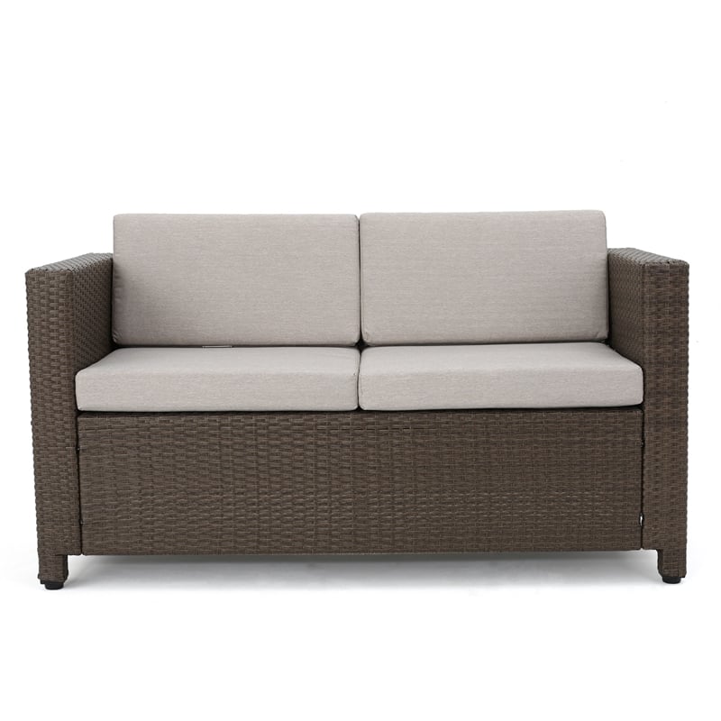 Perie 4 Piece Outdoor Sofa Chair and Table Set- Brown Rattan- White