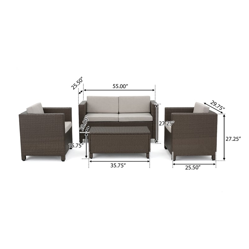 Perie 4 Piece Outdoor Sofa Chair and Table Set- Brown Rattan- White