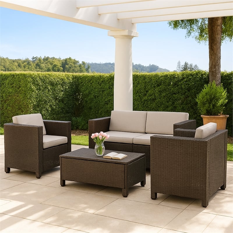Perie 4 Piece Outdoor Sofa Chair and Table Set- Brown Rattan- White