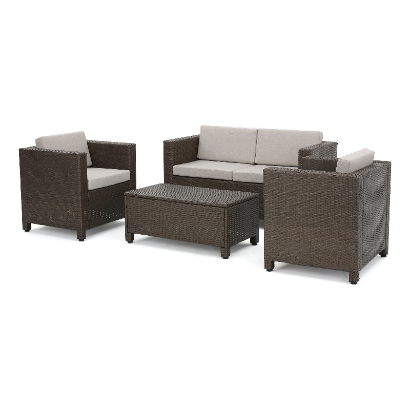 Perie 4 Piece Outdoor Sofa Chair and Table Set- Brown Rattan- White