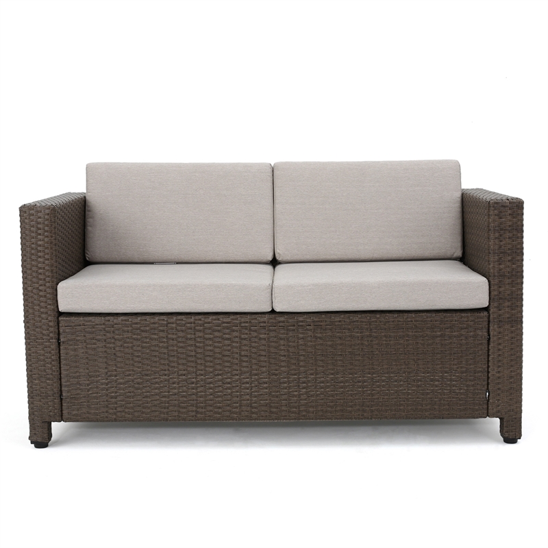 Perie 4 Piece Outdoor Sofa Chair and Table Set- Brown Rattan- White