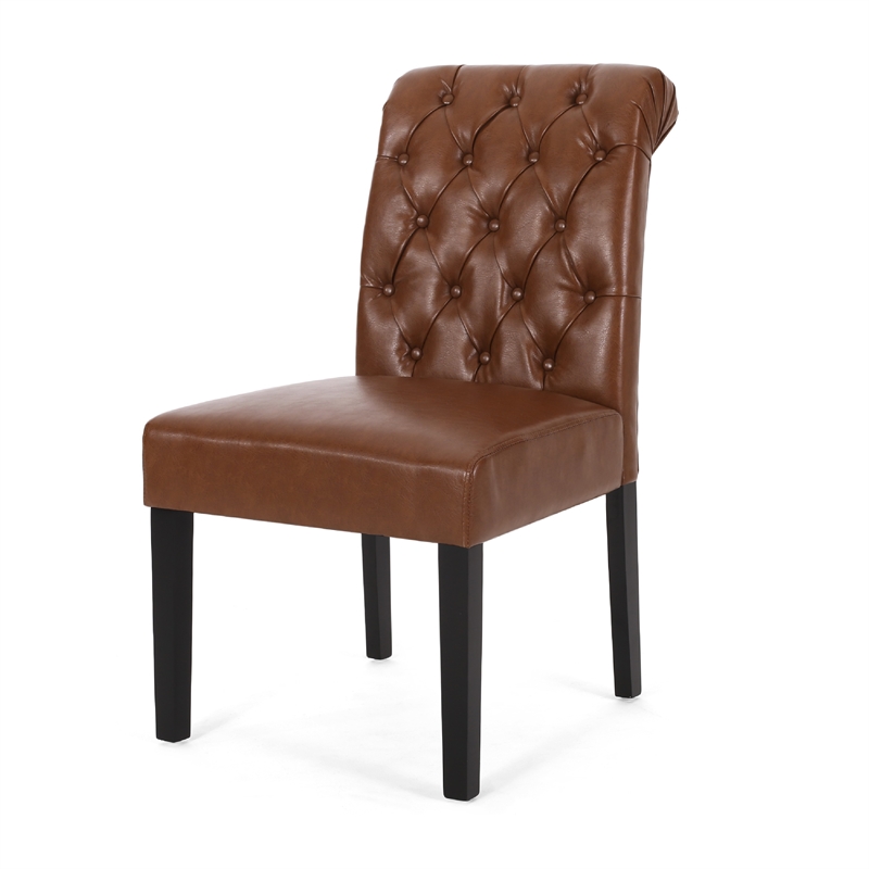 Mein Dining Chair Set of 2- Tufted Back Rolled Top- Brown Faux Leather