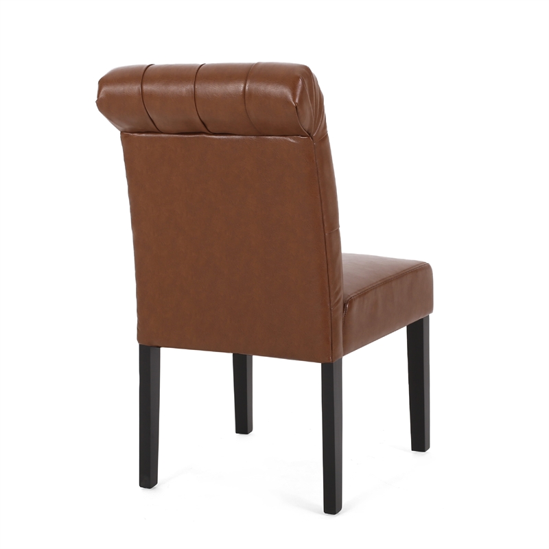 Mein Dining Chair Set of 2- Tufted Back Rolled Top- Brown Faux Leather