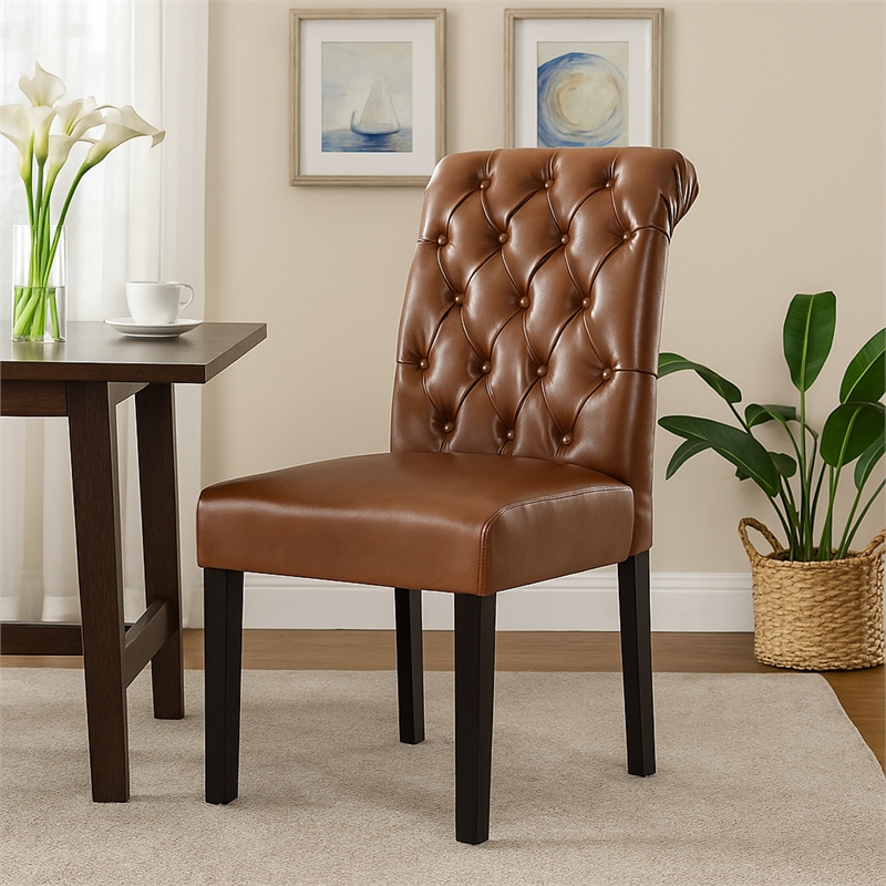 Mein Dining Chair Set of 2- Tufted Back Rolled Top- Brown Faux Leather