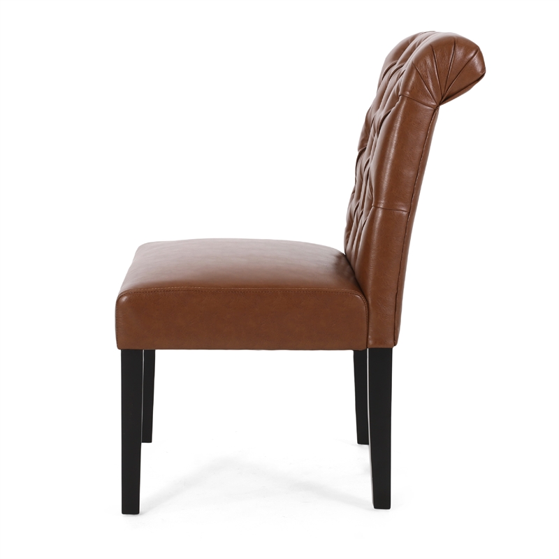 Mein Dining Chair Set of 2- Tufted Back Rolled Top- Brown Faux Leather