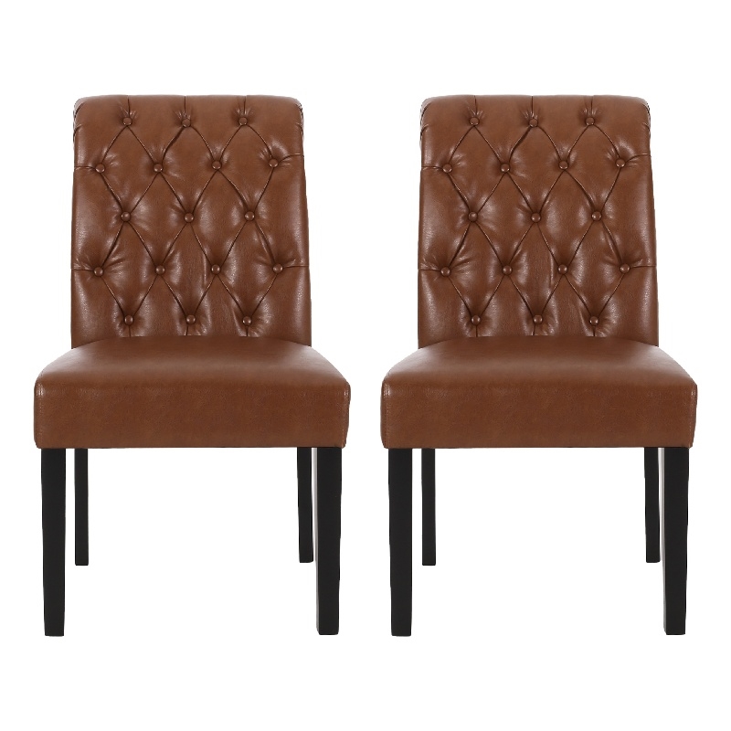 Mein Dining Chair Set of 2- Tufted Back Rolled Top- Brown Faux Leather