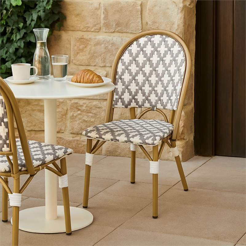 Bo Outdoor Bistro Chair Set of 2- Gray White Faux Rattan- Brown Metal