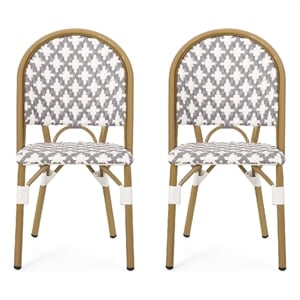 Bo Outdoor Bistro Chair Set of 2- Gray White Faux Rattan- Brown Metal