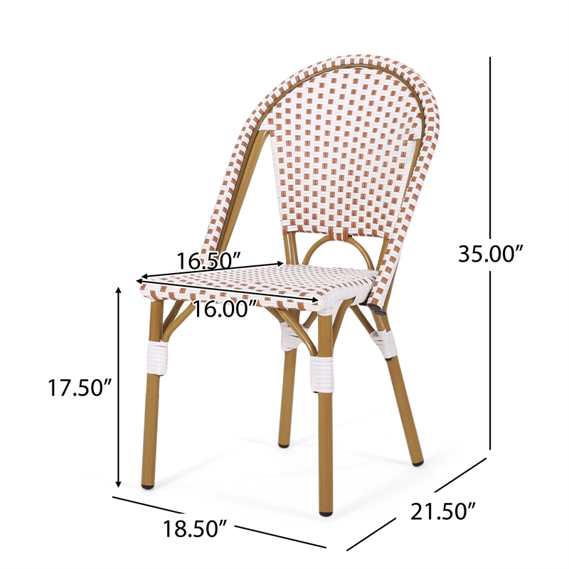 Bo Outdoor Bistro Chair Set of 2- White and Brown Faux Rattan- Metal