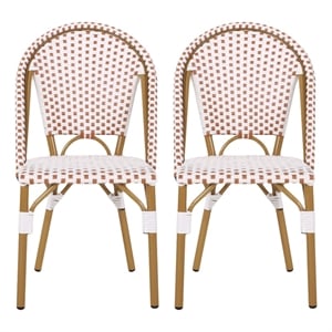 Bo Outdoor Bistro Chair Set of 2- White and Brown Faux Rattan- Metal