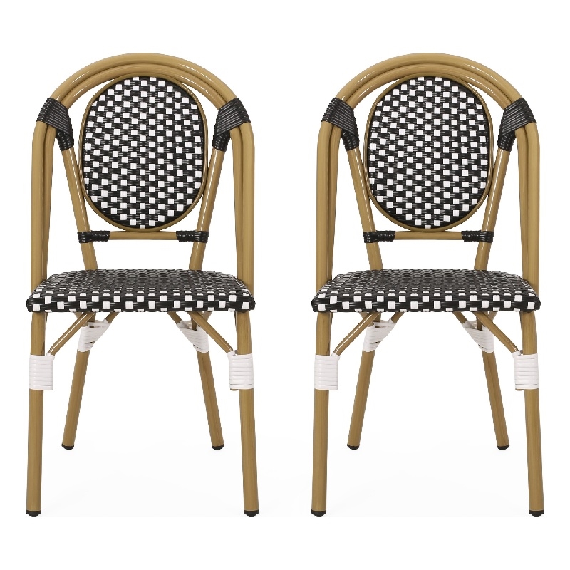 Bo Outdoor Bistro Chair Set of 2- White and Black Faux Rattan- Metal