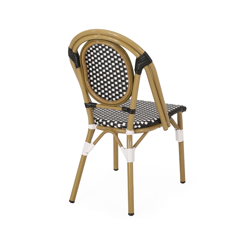 Bo Outdoor Bistro Chair Set of 2- White and Black Faux Rattan- Metal