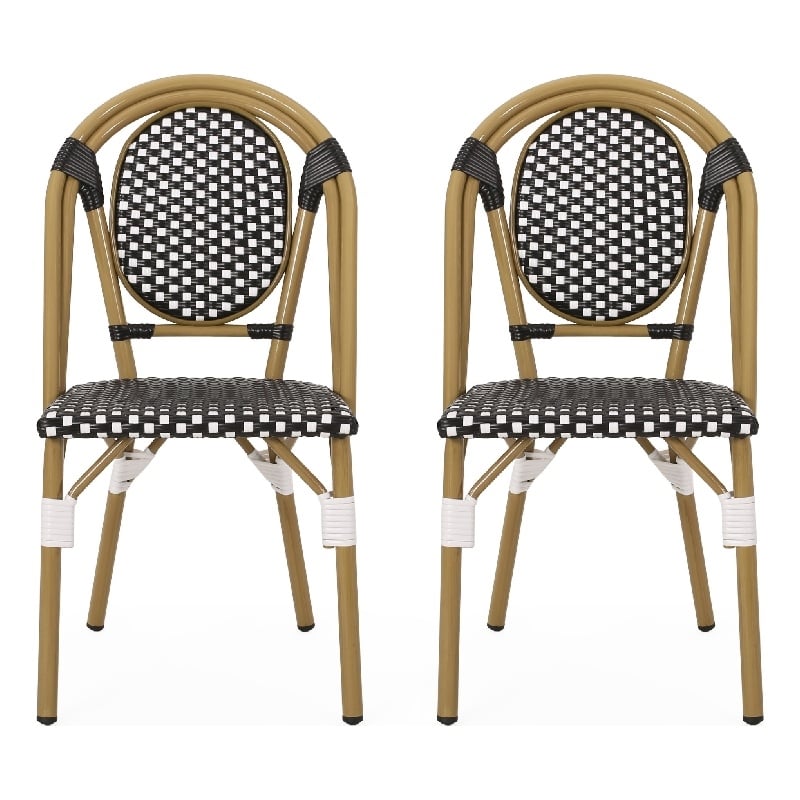 Bo Outdoor Bistro Chair Set of 2- White and Black Faux Rattan- Metal