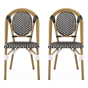 Bo Outdoor Bistro Chair Set of 2- White and Black Faux Rattan- Metal