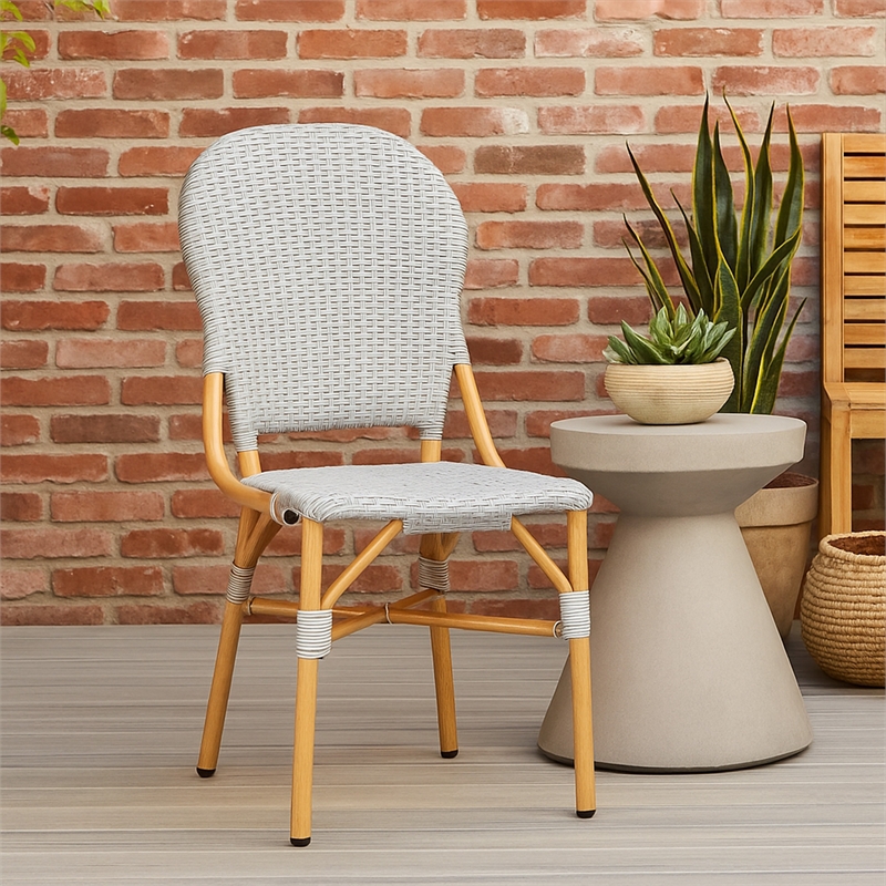 Outdoor Bistro Chair Set of 2- Gray Faux Rattan- Natural Brown Metal