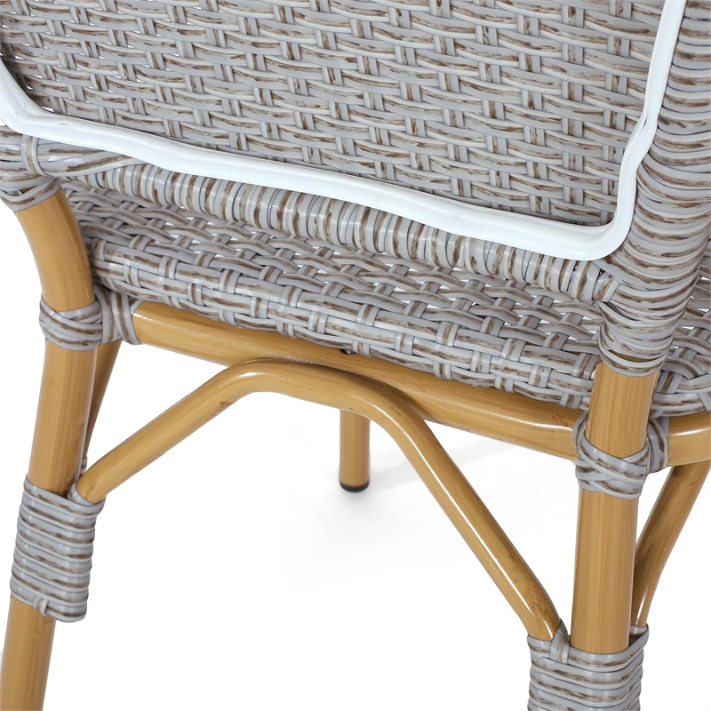 Outdoor Bistro Chair Set of 2- Gray Faux Rattan- Natural Brown Metal