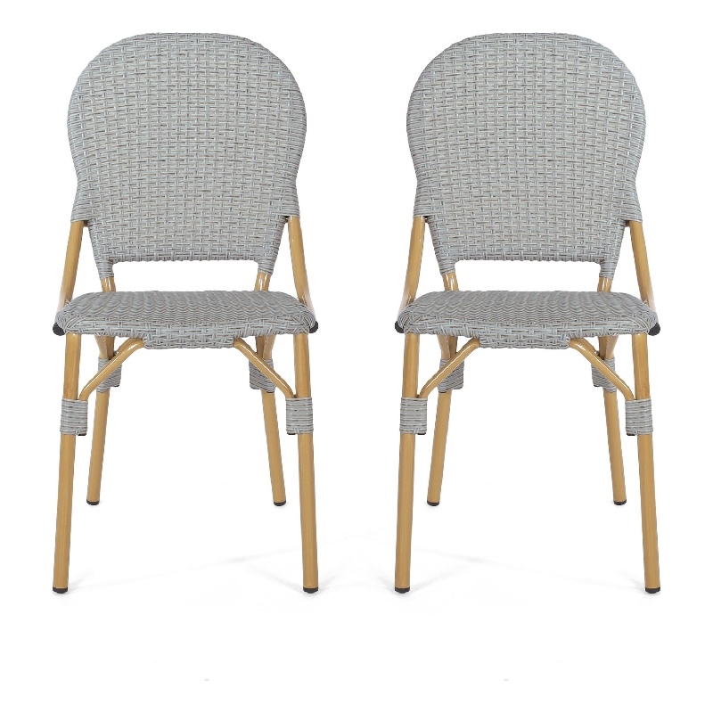 Outdoor Bistro Chair Set of 2- Gray Faux Rattan- Natural Brown Metal