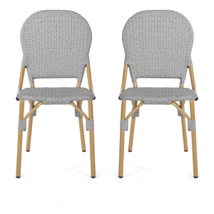Outdoor Bistro Chair Set of 2- Gray Faux Rattan- Natural Brown Metal