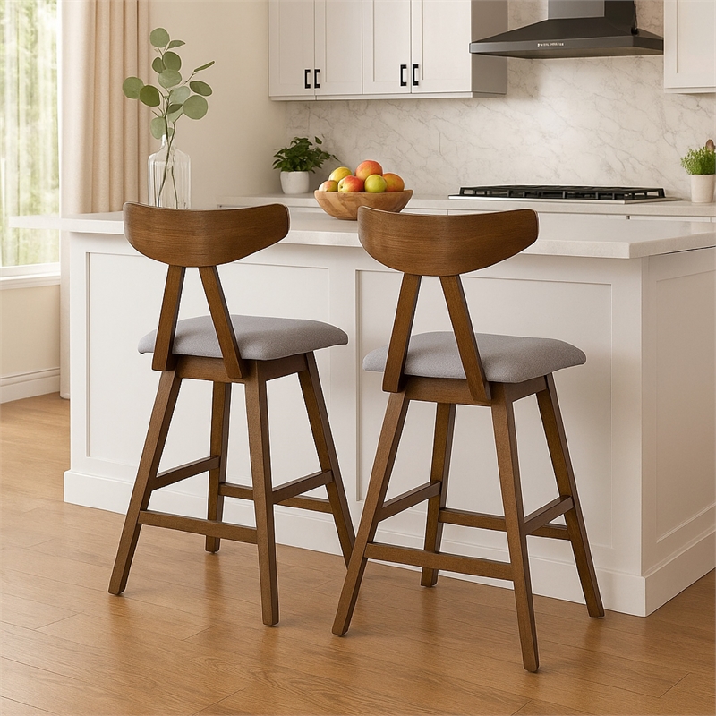 Lemy Counter Stool Chair Set of 2- Walnut Brown Wood- Dark Gray