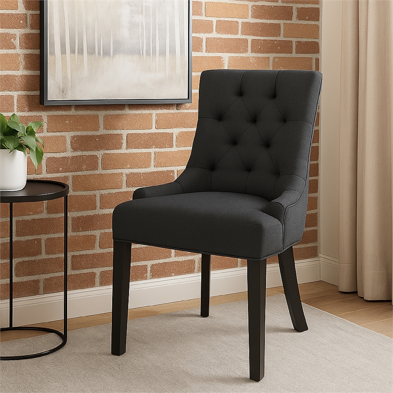 Chen Dining Chair Set of 2- Upholstered Tufted Backrest- Gray Fabric