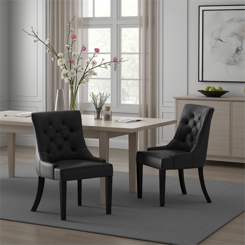 Chen Dining Chair Set of 2- Curved Black Diamond Tufted Faux Leather
