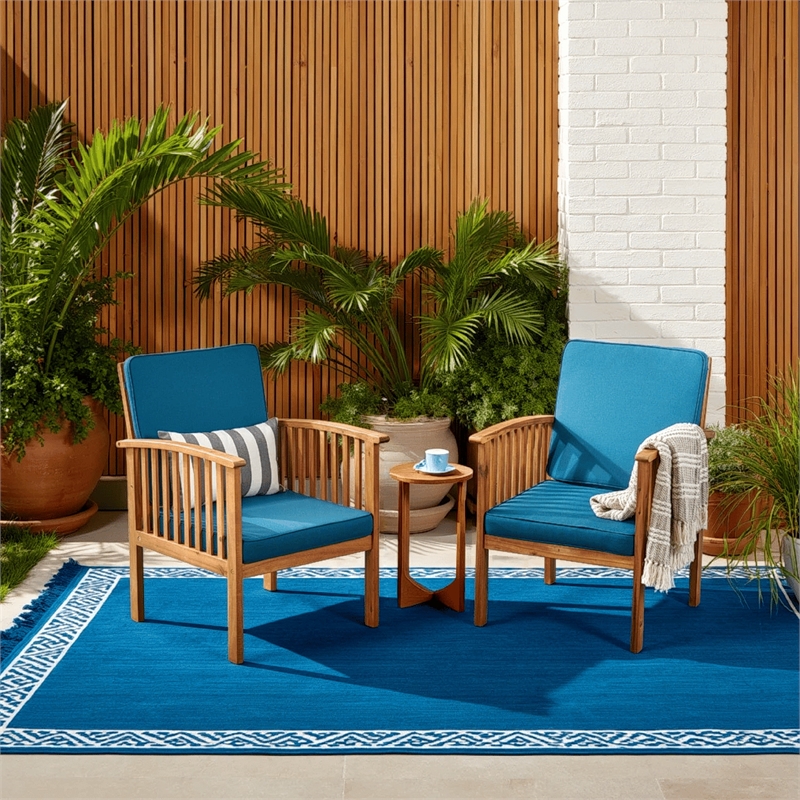 Gerry Outdoor Club Chair Set of 2- Slatted Design- Brown Wood- Blue