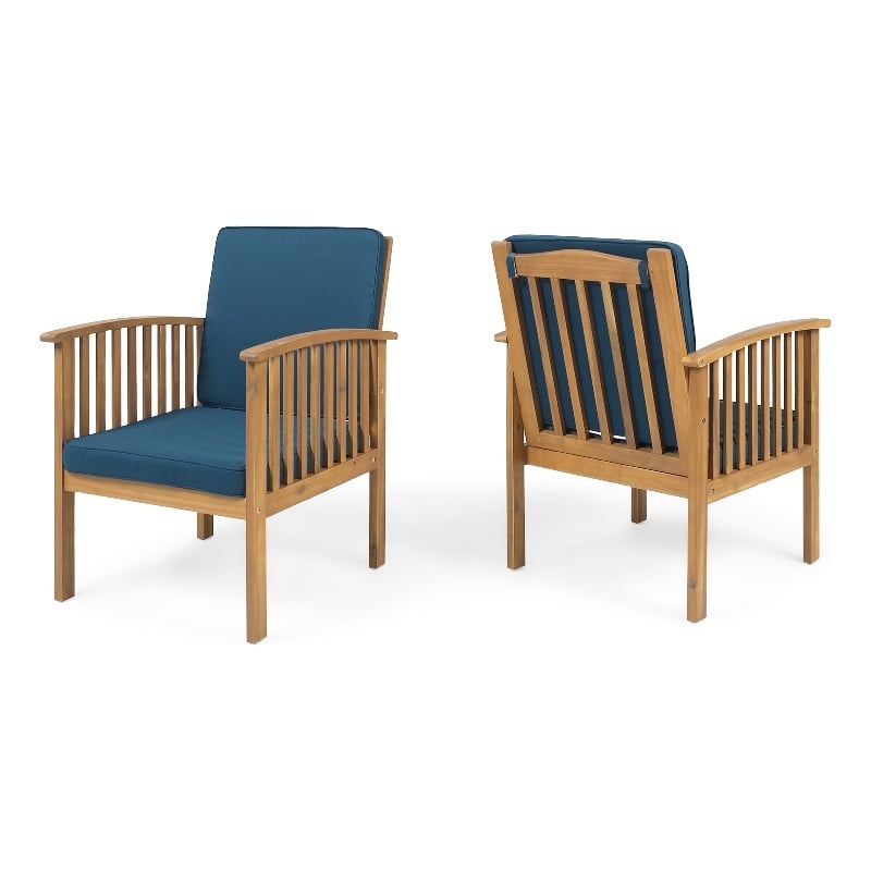 Gerry Outdoor Club Chair Set of 2- Slatted Design- Brown Wood- Blue