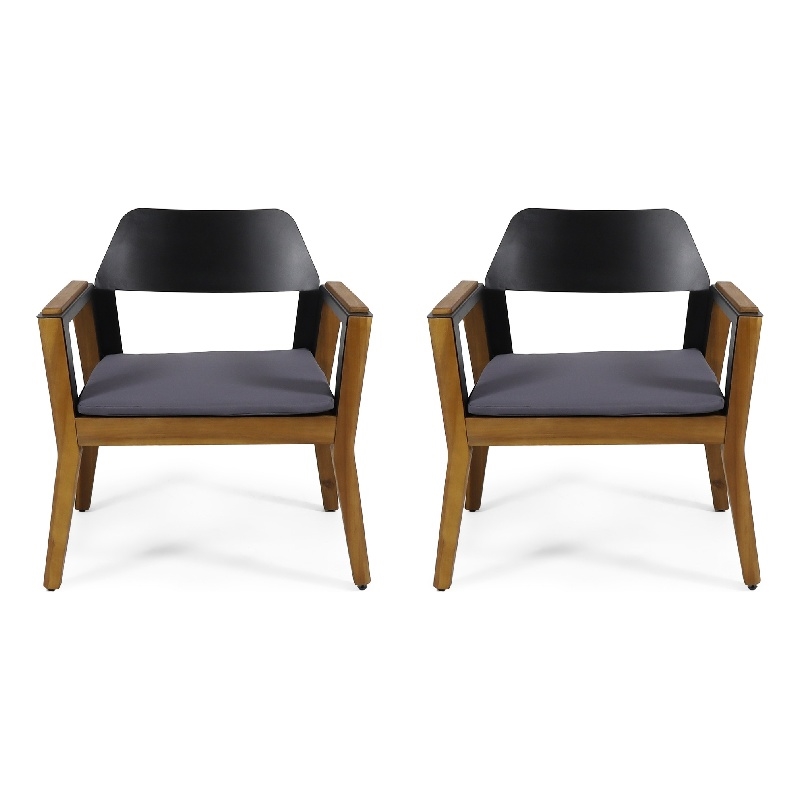 Soyan Outdoor Club Chair Set of 2- Teak Brown Acacia Wood- Blue Fabric