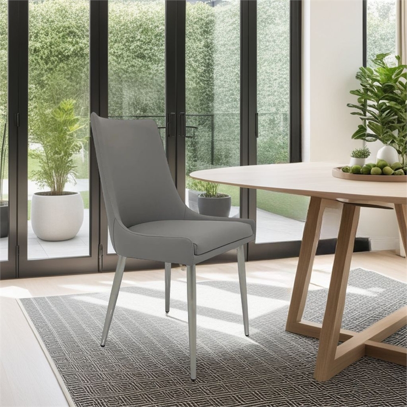 Rusa Dining Chair Set of 2- Gray Faux Leather Upholstery- Silver Legs