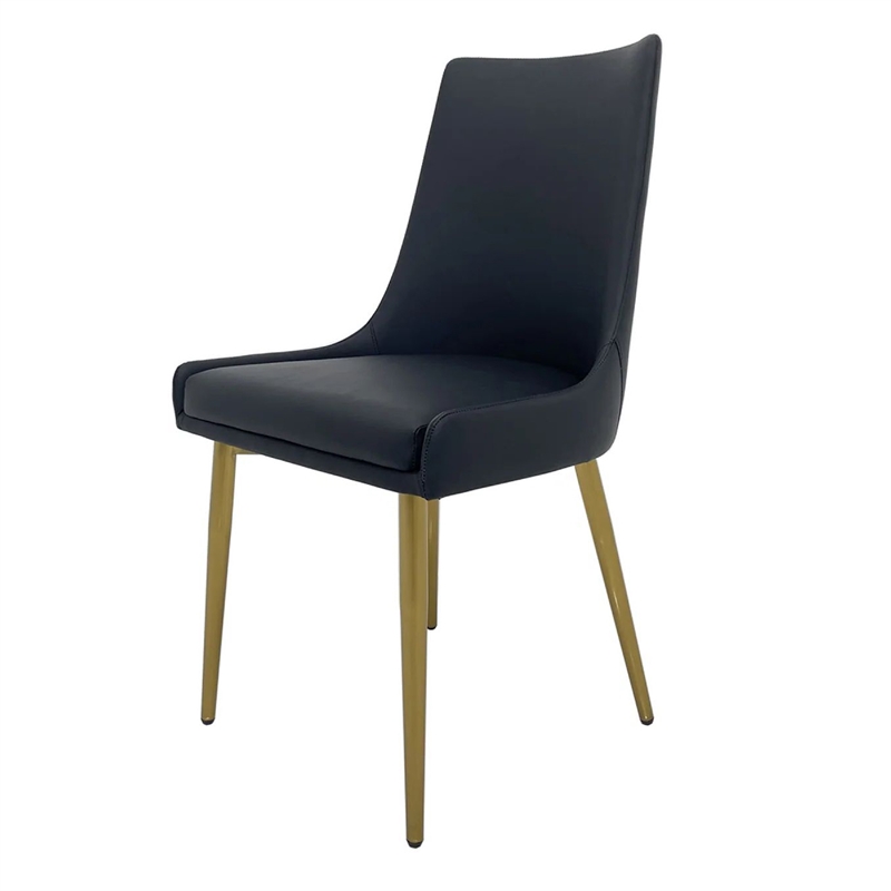 Rusa Dining Chair Set of 2- Black Faux Leather Upholstery- Gold Legs