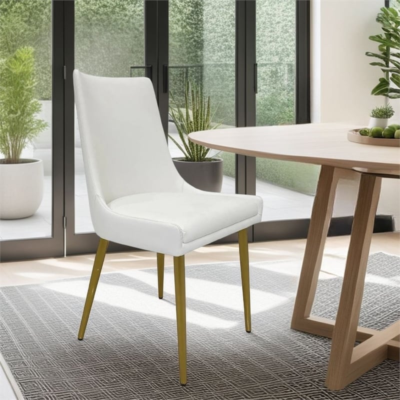 Rusa Dining Chair Set of 2- White Faux Leather Upholstery- Gold Legs