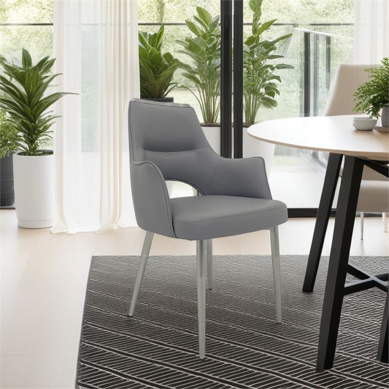 Dining Chair Set of 2- Open Back- Padded Gray Faux Leather- Chrome
